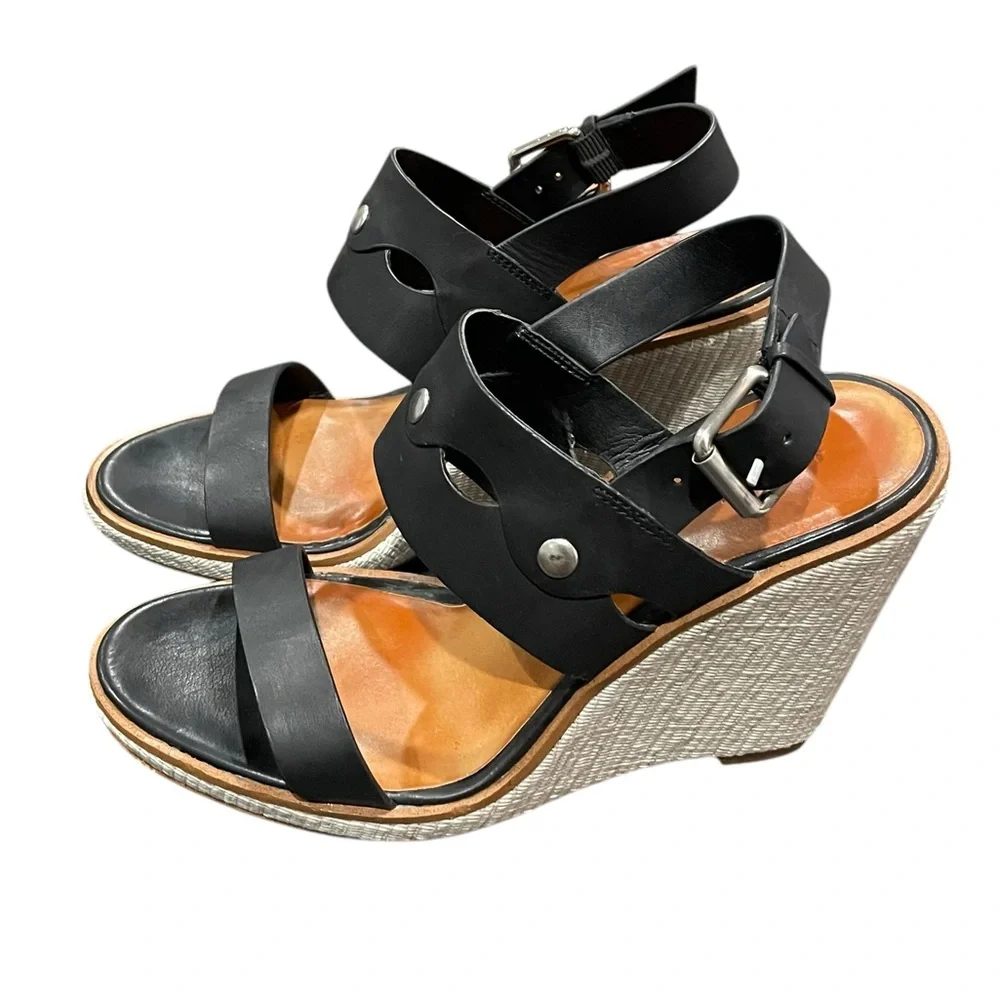 1.STATE Gizela Black Leather Wedge Sandals 7 Platform Studded Boho Heels